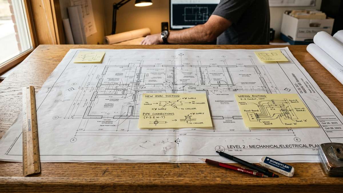Renovation blueprint on a wooden table with sticky notes marking scattered hidden wiring.