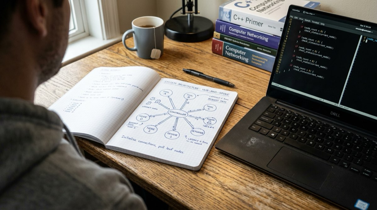 Physical engineering notebook displaying a hub-and-spoke diagram beside terminal code.