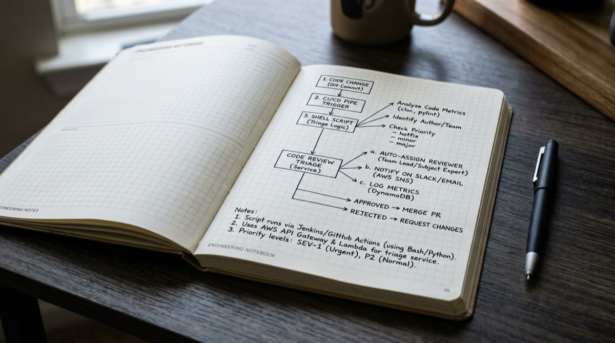 Engineering notebook open to a comparison between shell script hardening and service architectures.